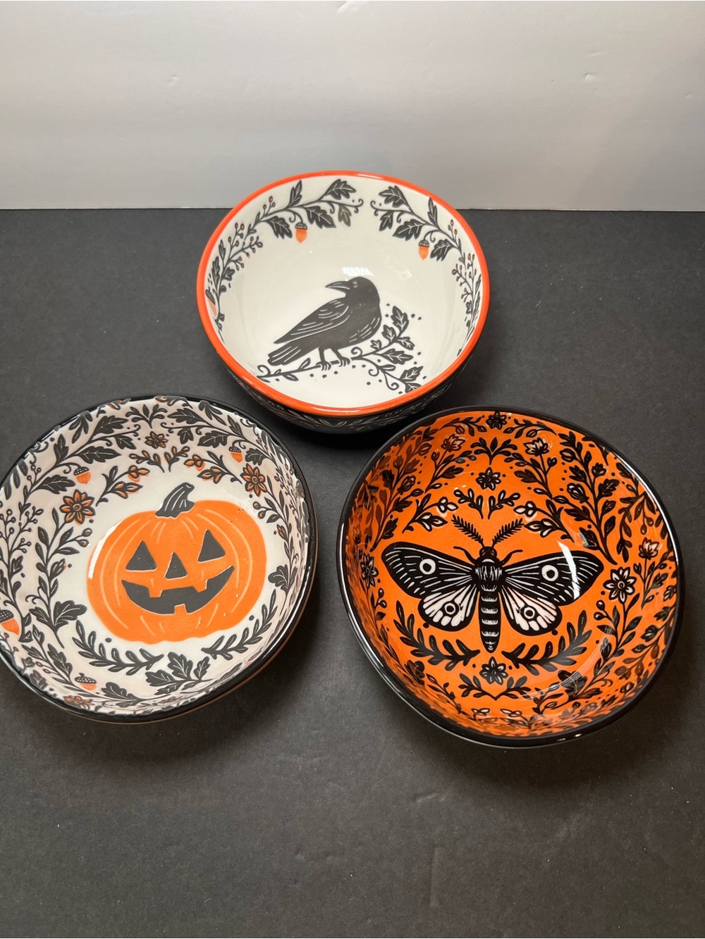 3 Halloween Ceramic Bowls Pumpkin Raven Moth Autumn Designs Acorns Leaves